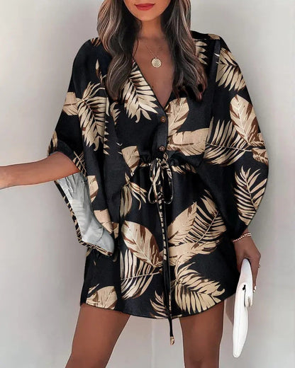 Women's Casual Dress – V-neck – Lace-up Waist – Ruffled Sleeves – Flowy Cut