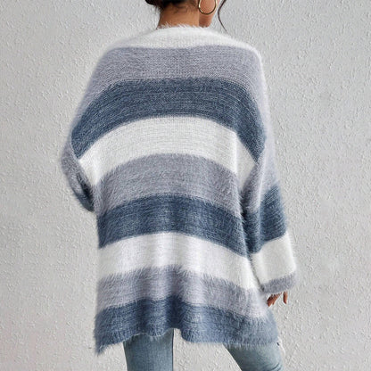Gilet en maille femme – Coupe oversize – Manches longues – Ouverture frontale rayée