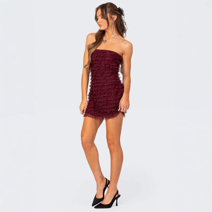 Women's mini dress – Bodycon fit – Strapless – Elegant ruffles – Soft fabric