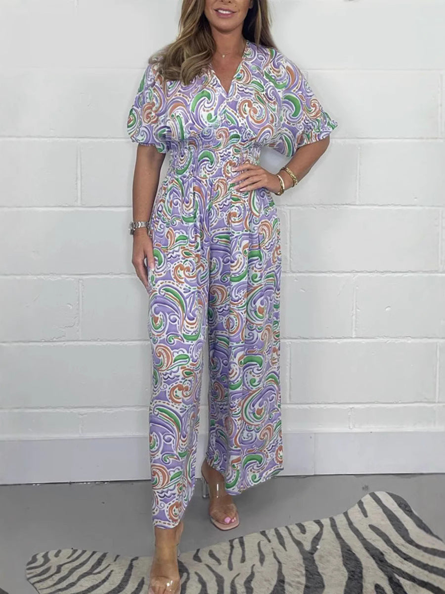 Women's Jumpsuit – Relaxed Fit – Wide Legs – V Neck – Breathable Boho Print Fabric