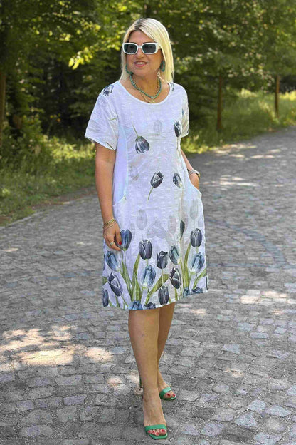 Robe femme évasée – Motif fleuri – Manches courtes – Poches