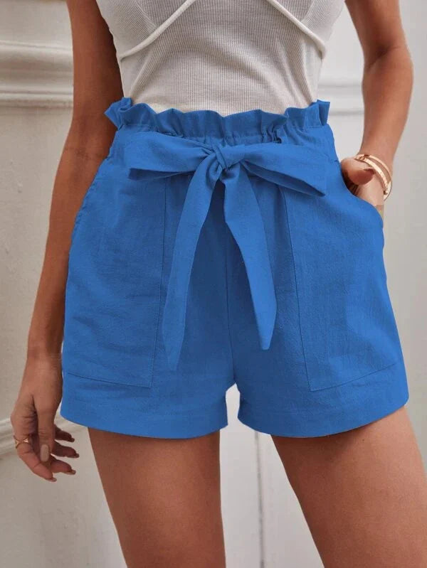 Short for women – Lightweight linen – High waist – Loose fit – Tied belt