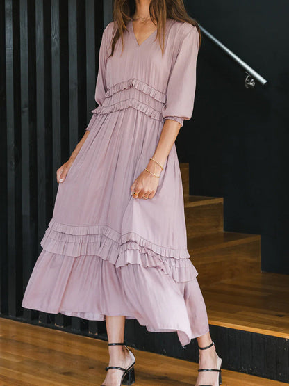 Robe midi femme – Coupe décontractée – Col en V – Volants – Manches longues