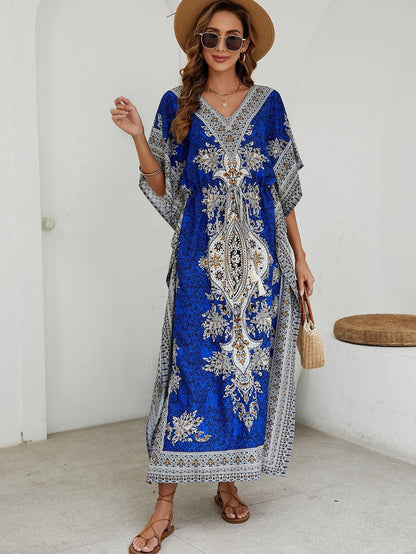 Women's long dress – Flowing cut – V-neck – Short wide sleeves – Ornate patterns