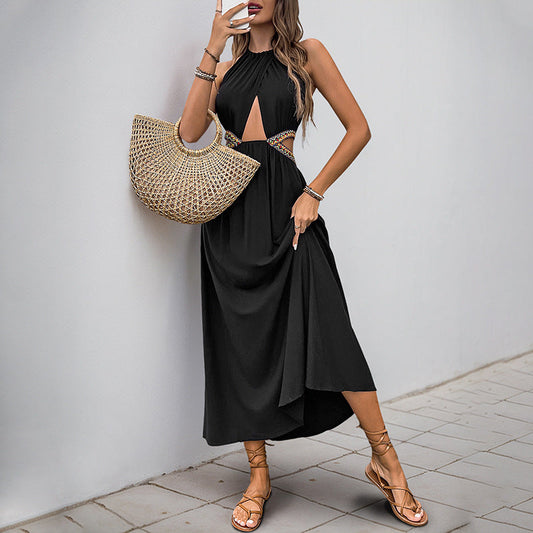 Robe midi femme – Col halter – Taille cintrée – Nœud décoratif – Découpes élégantes