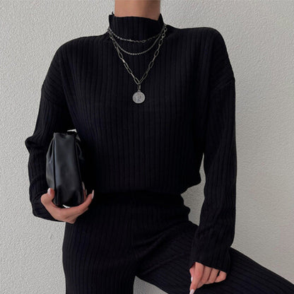 Ensemble Femme – Maille Côtelée – Coupe Ample – Col Montant – Pantalon Large