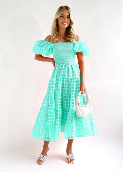 Women's long dress – Off-the-shoulder – Puff sleeves – Smocked waist – Breathable fabric