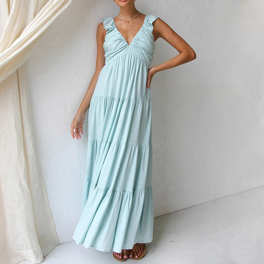 Women's long dress – Flowing cut – Ruffled straps – Breathable fabric – Ruffled skirt