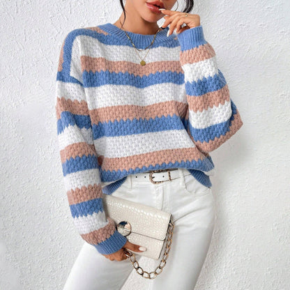 Pull femme – Coupe décontractée – Maille épaisse douce – Rayures – Col rond