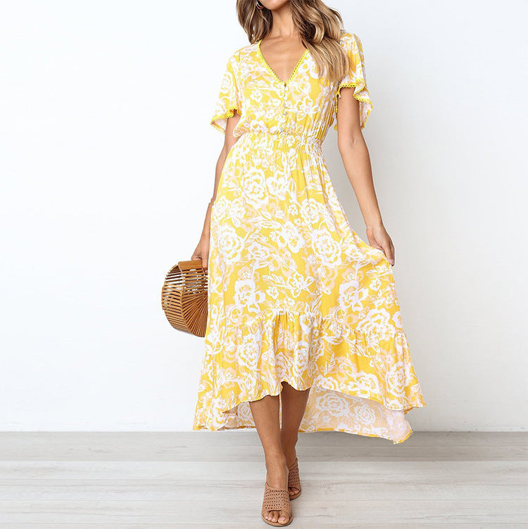 Women's long dress – Floral print – V-neck – Short sleeves – Ruffled hem – Flared cut – Breathable fabric