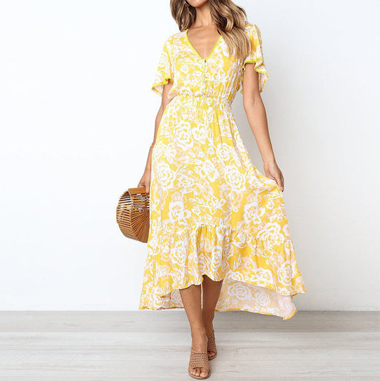 Women's long dress – Floral print – V-neck – Short sleeves – Ruffled hem – Flared cut – Breathable fabric