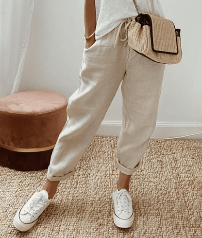 Women's pants – Relaxed fit – Natural fibers – Abstract print – Drawstring waist