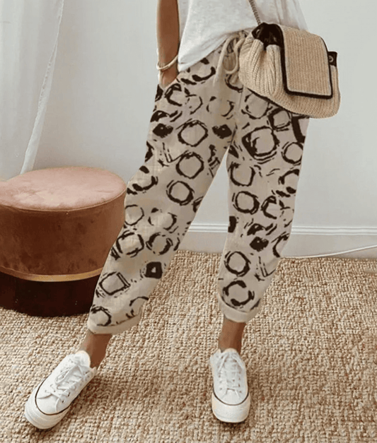 Women's pants – Relaxed fit – Natural fibers – Abstract print – Drawstring waist