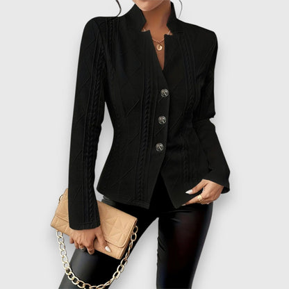Veste femme – Coupe cintrée – Maille douce texturée – Longueur hanches – Col à revers