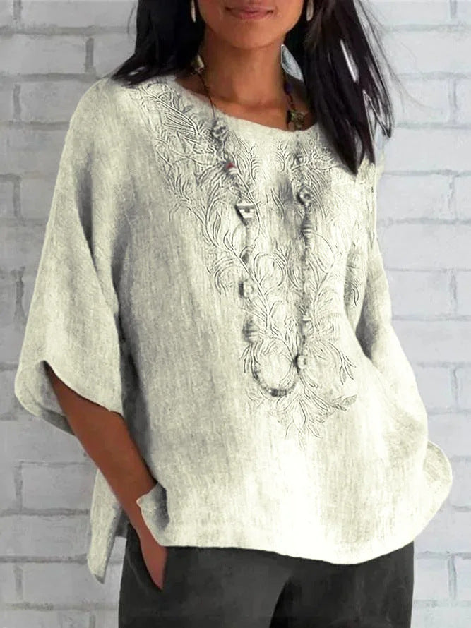 Women's blouse – Relaxed fit – Short flowy sleeves – Natural fibers – Embroidery