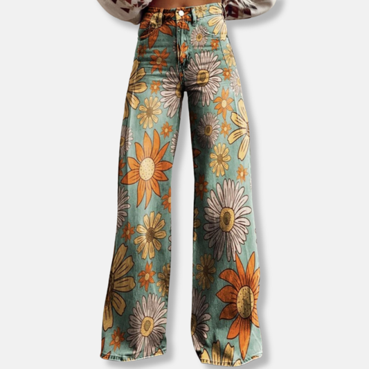 Molly Denim Wide-Leg Pants | High-Waisted Floral Print Pants