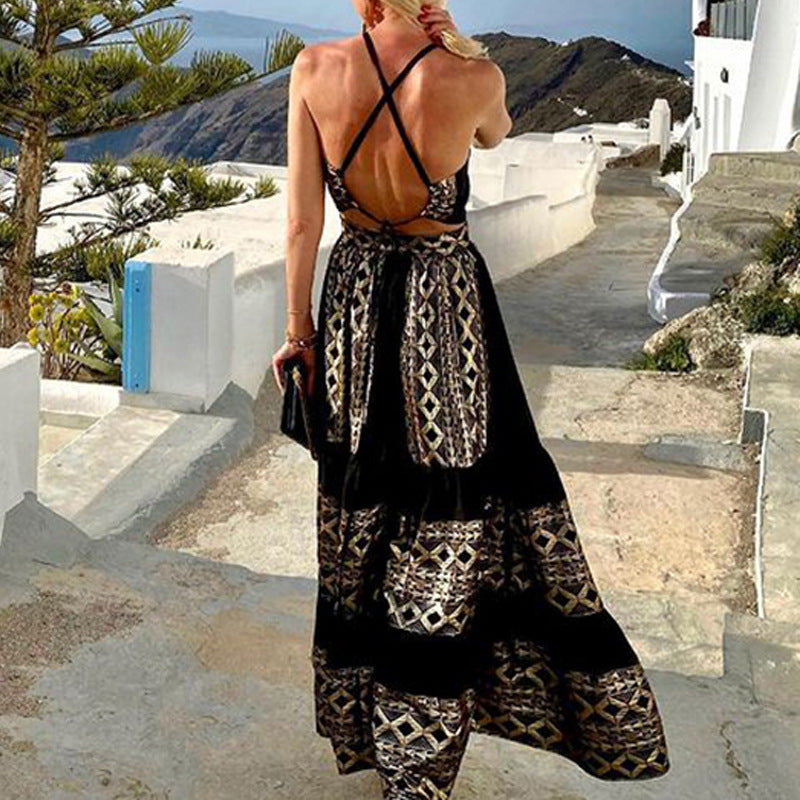 Women's dress off-the-shoulder – Flowing cut – Geometric print – Breathable fabric