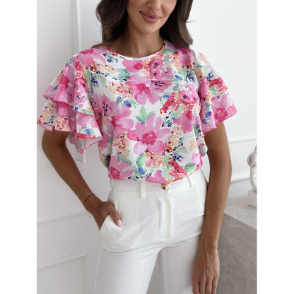 Women's blouse – Relaxed fit – Ruffled sleeves – Breathable fabric – Floral print