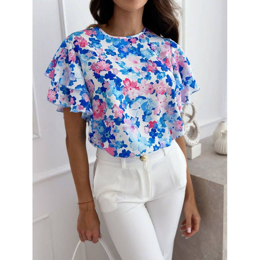Women's blouse – Relaxed fit – Ruffled sleeves – Breathable fabric – Floral print