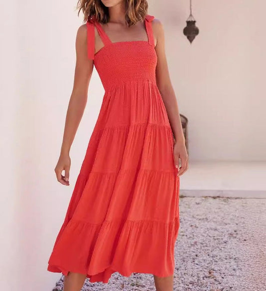Women's midi dress – Tie straps – Smocked bodice – Flared skirt with ruffles