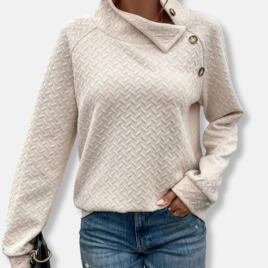 Women's sweatshirt – Relaxed fit – Stand-up collar – Chevron knit – Decorative buttons