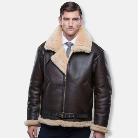 Men's fur coat – Structured cut – Leather finish – Wide collar – Zipped closure