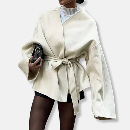Women's wrap coat – Oversized cut – Waist belt – Minimalist style – Woolen fabric