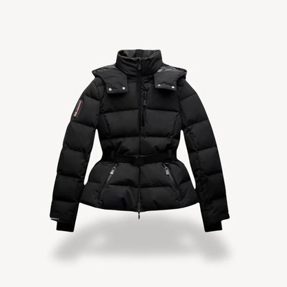 Women's Puffer Jacket - Fitted Cut - Stand Collar - Hip Length - Hooded
