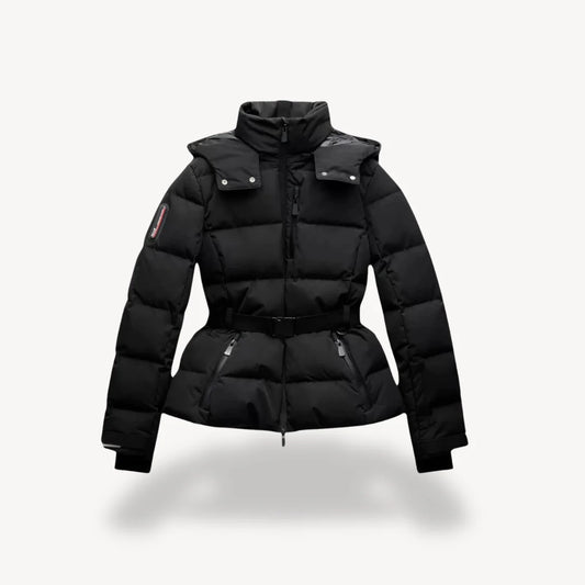 Women's Puffer Jacket - Fitted Cut - Stand Collar - Hip Length - Hooded