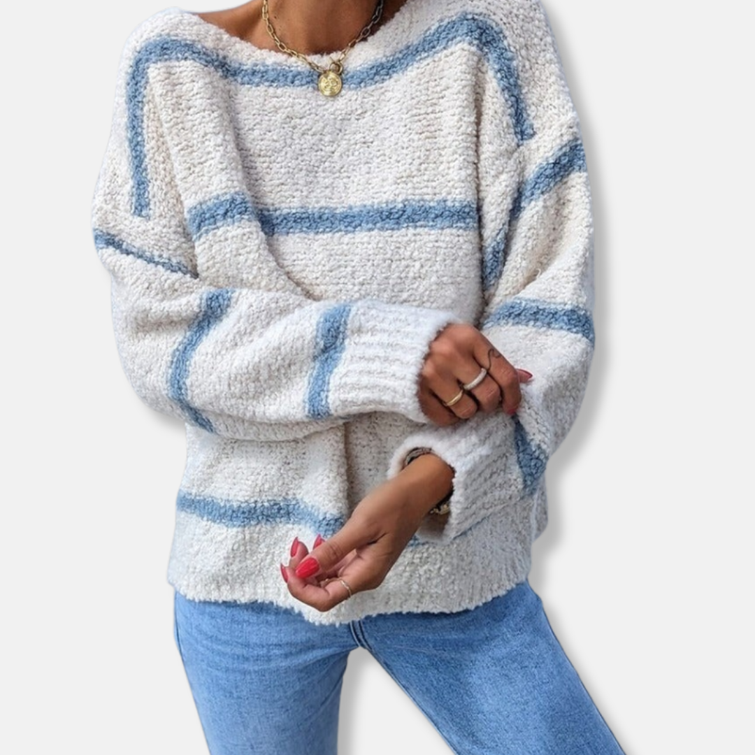 Scarlett Relaxed Fit Sweater | Striped Wide Round Neck Sweater