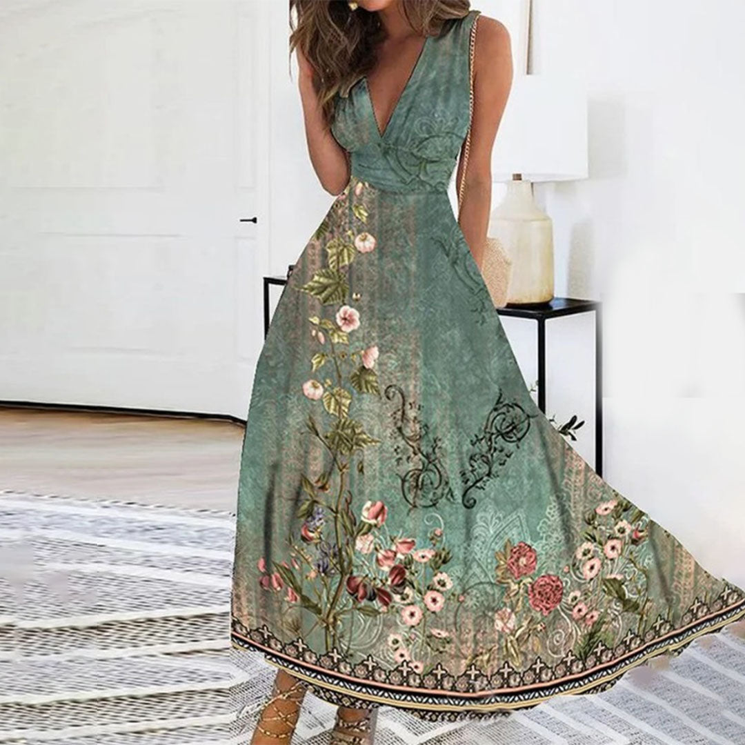 Robe longue femme – Décolleté plongeant – Sans manches – Taille cintrée fluide