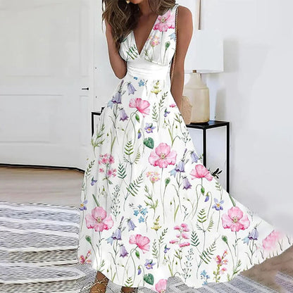 Robe longue femme – Décolleté plongeant – Sans manches – Taille cintrée fluide
