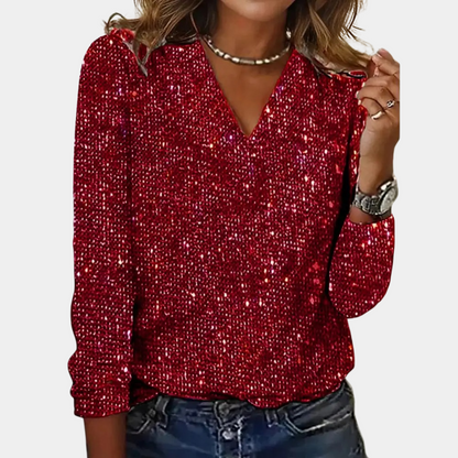 Phoebe Sequined Top | V-Neck Long Sleeve Top