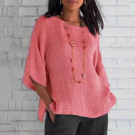 Anna Linen Relaxed Fit Blouse | Crewneck Dolman Sleeve Blouse