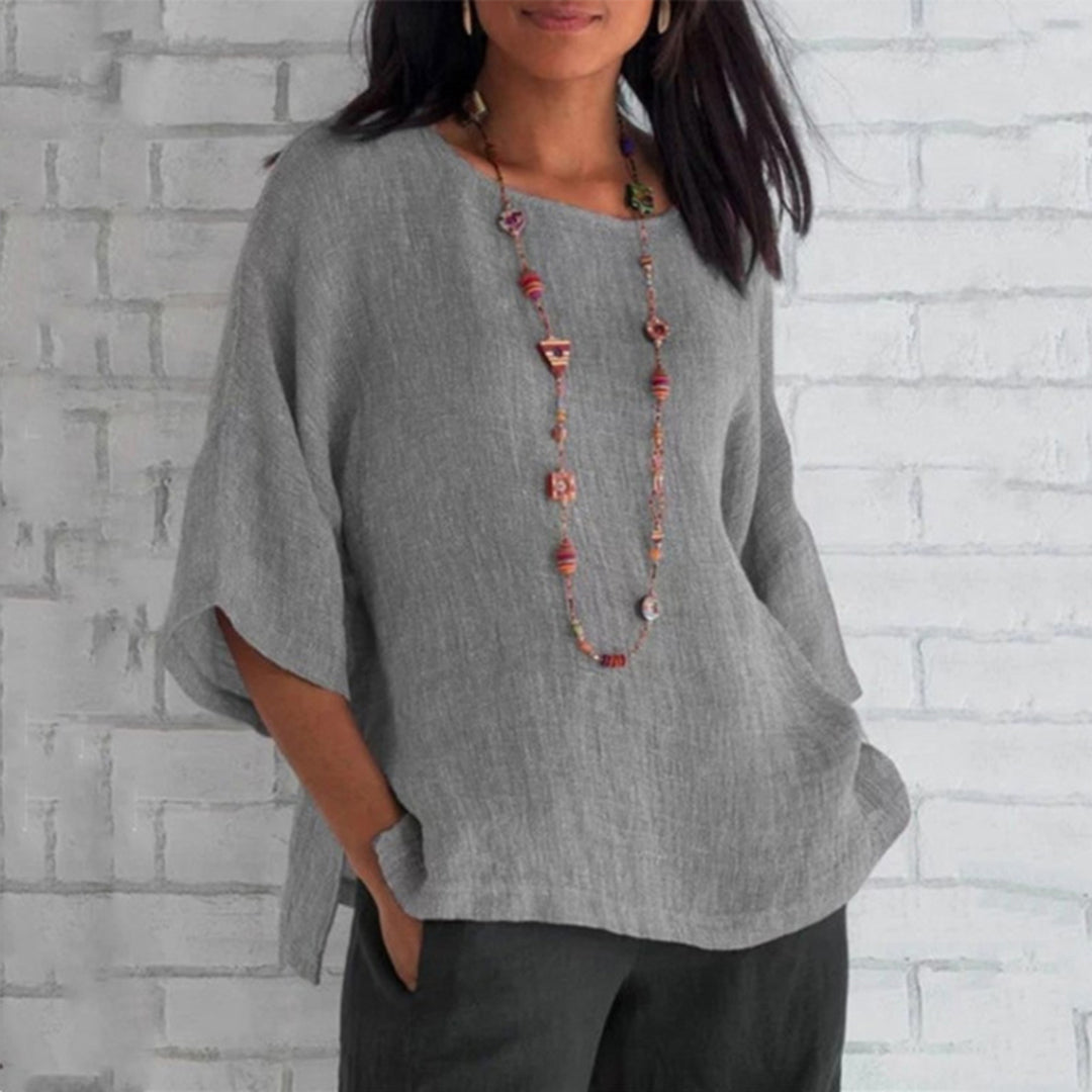 Anna Linen Relaxed Fit Blouse | Crewneck Dolman Sleeve Blouse