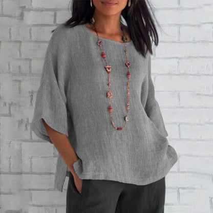 Anna Linen Relaxed Fit Blouse | Crewneck Dolman Sleeve Blouse