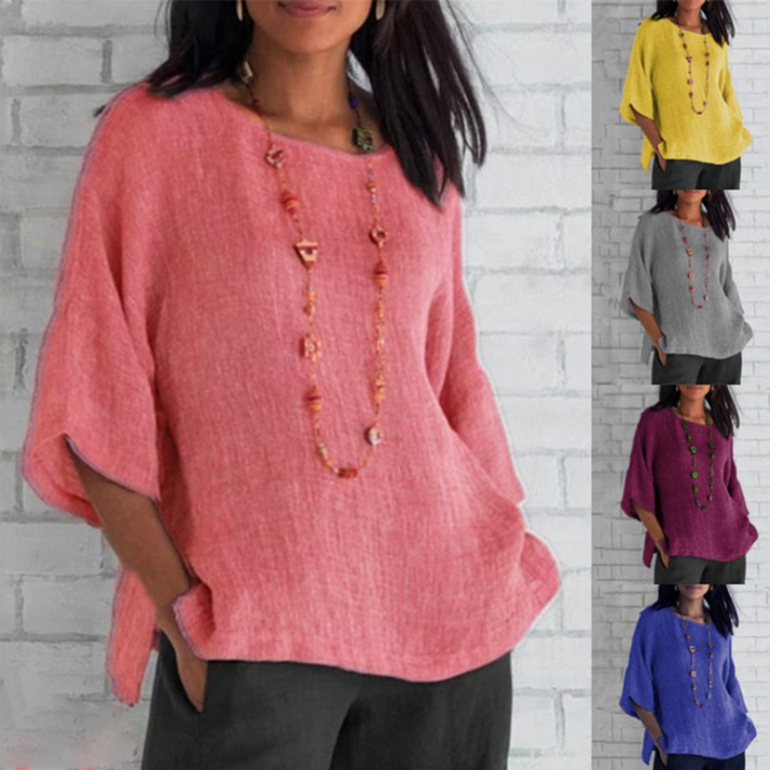 Anna Linen Relaxed Fit Blouse | Crewneck Dolman Sleeve Blouse