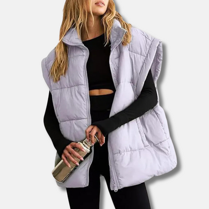Women's Puffer Vest - Quilted Insulated - Sleeveless - Stand Collar - Hip Length