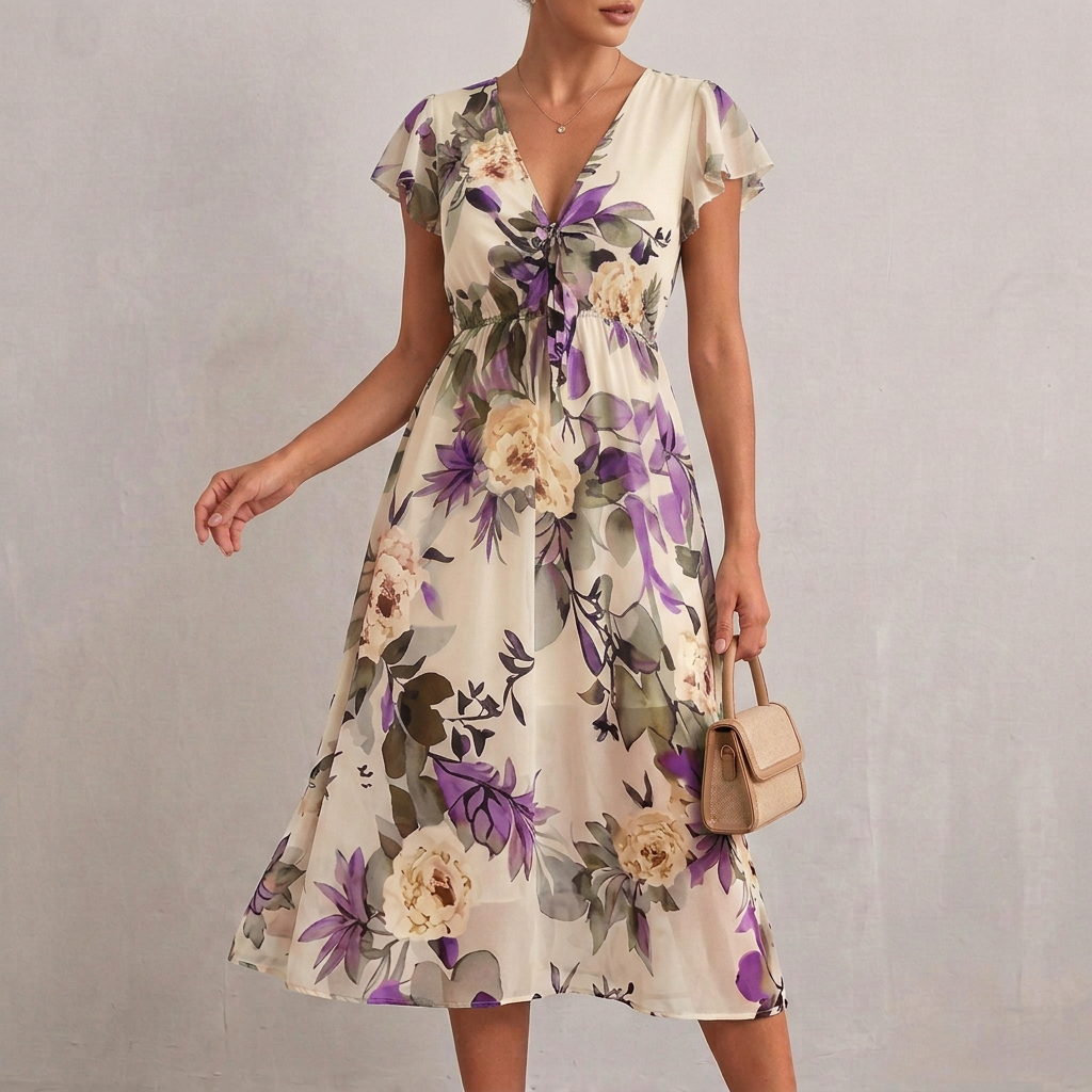 Floral Flutter Sleeve Midi Dress for Women – Flattering & Comfortable Fit