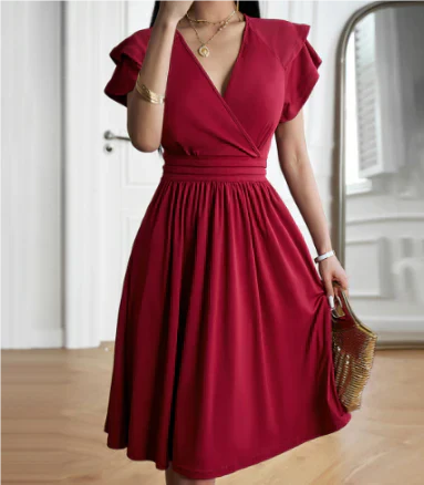 Women's midi dress – Wrap cut – Ruffled sleeves – Breathable flowing fabric