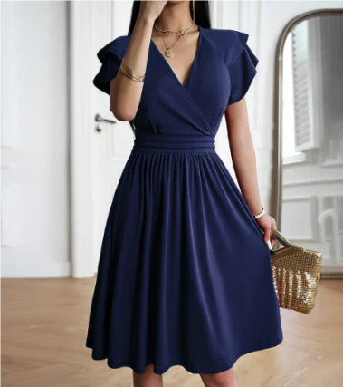 Women's midi dress – Wrap cut – Ruffled sleeves – Breathable flowing fabric