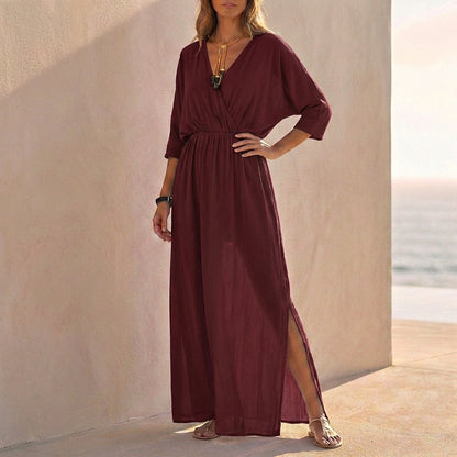 V-Neck Dolman Sleeve Maxi Dress for Women – Relaxed Fit & Pockets