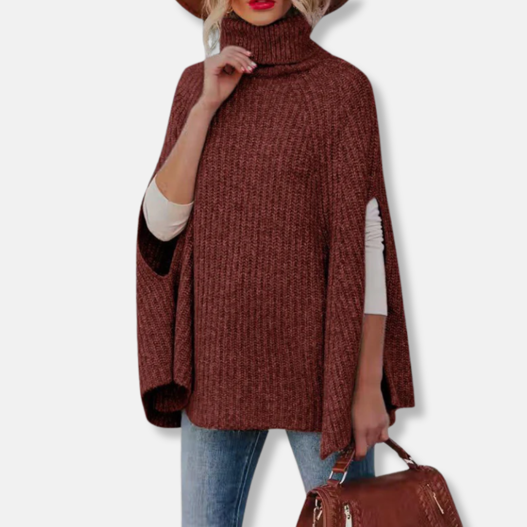 Harriet Wool Turtleneck Cape Sweater | Loose Fit Ribbed Sweater