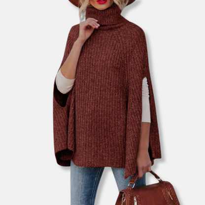 Harriet Wool Turtleneck Cape Sweater | Loose Fit Ribbed Sweater