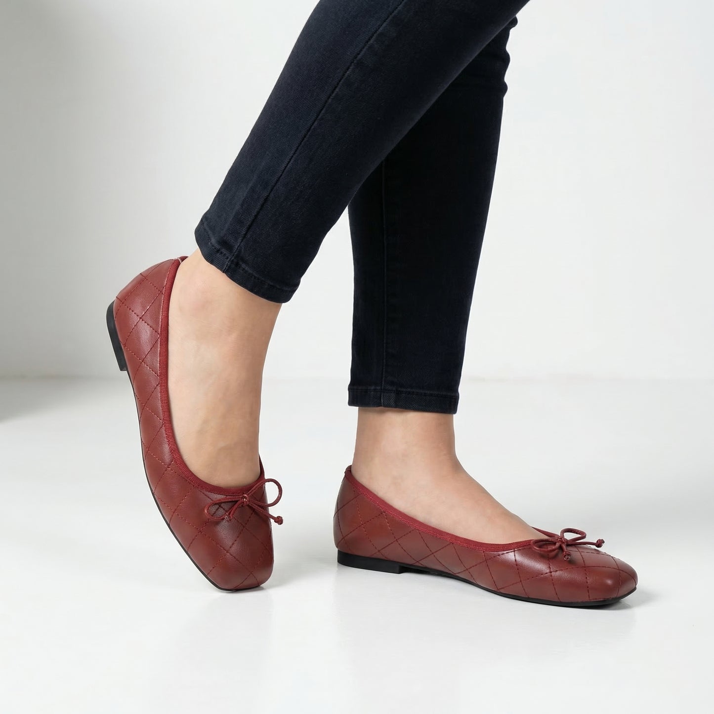 Quilted Bow-Detail Square Toe Ballet Flats for Women – Elegant & Comfortable