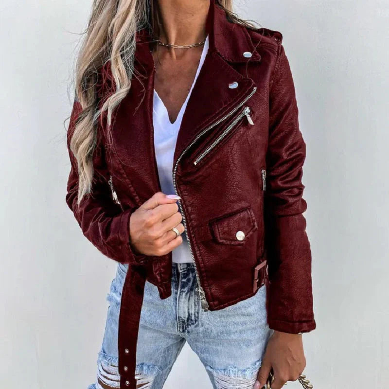 Veste biker femme – Coupe cintrée – Longueur courte – Zip asymétrique – Ceinture ajustable