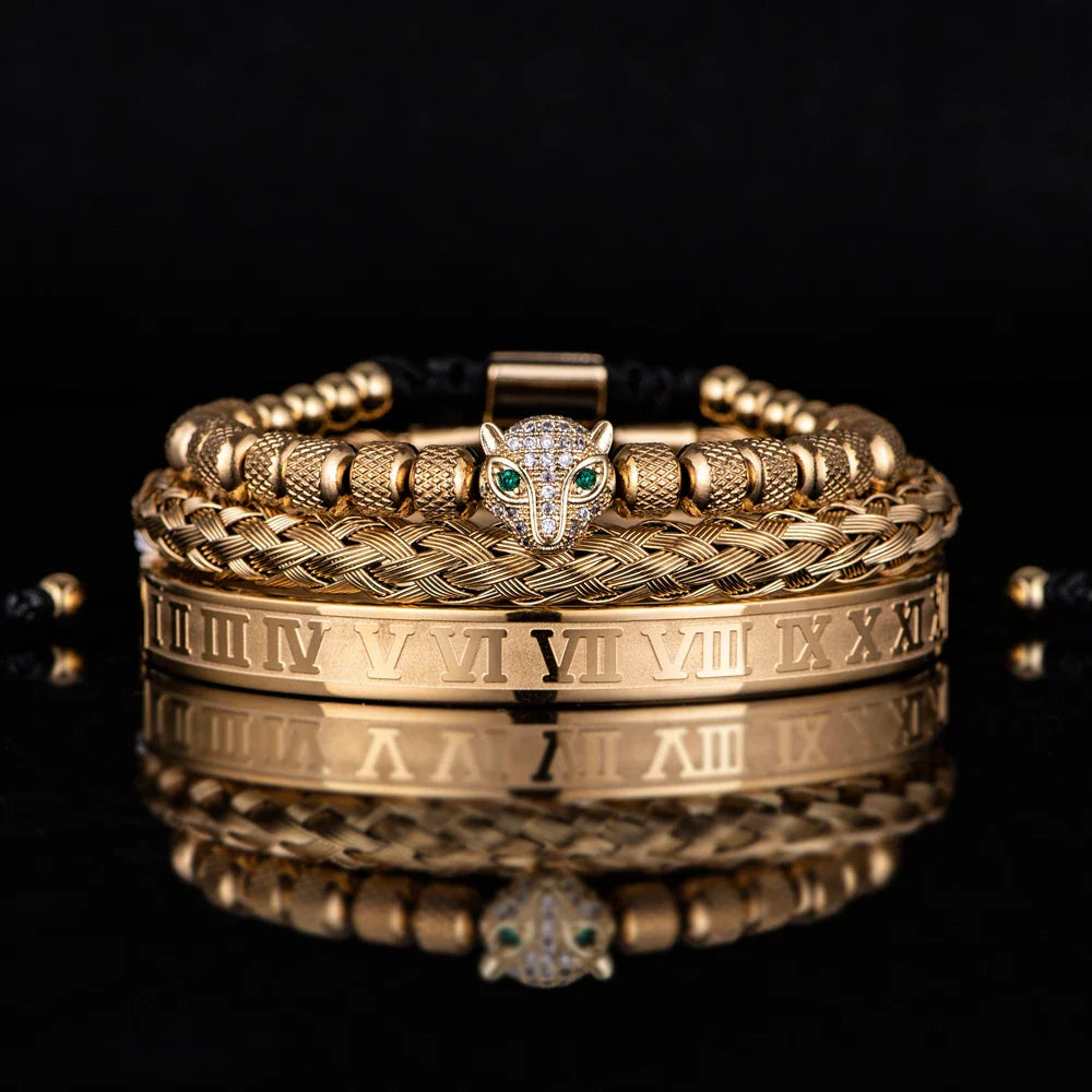 Bracelet Set With Crystal Panther Motif and Roman Numerals