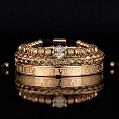 Bracelet Set With Crystal Panther Motif and Roman Numerals