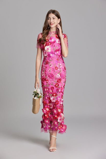 Women's long dress – Embroidered tulle – Fitted cut – Sheer high collar – Short sleeves