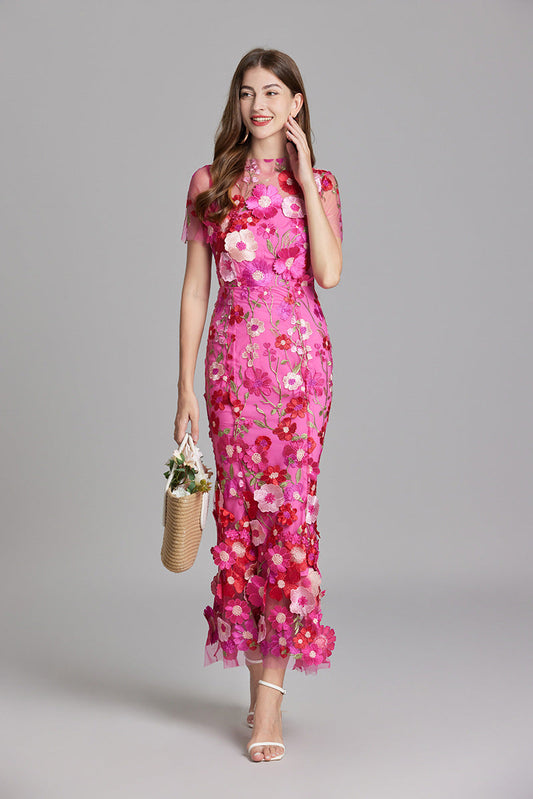 Women's long dress – Embroidered tulle – Fitted cut – Sheer high collar – Short sleeves